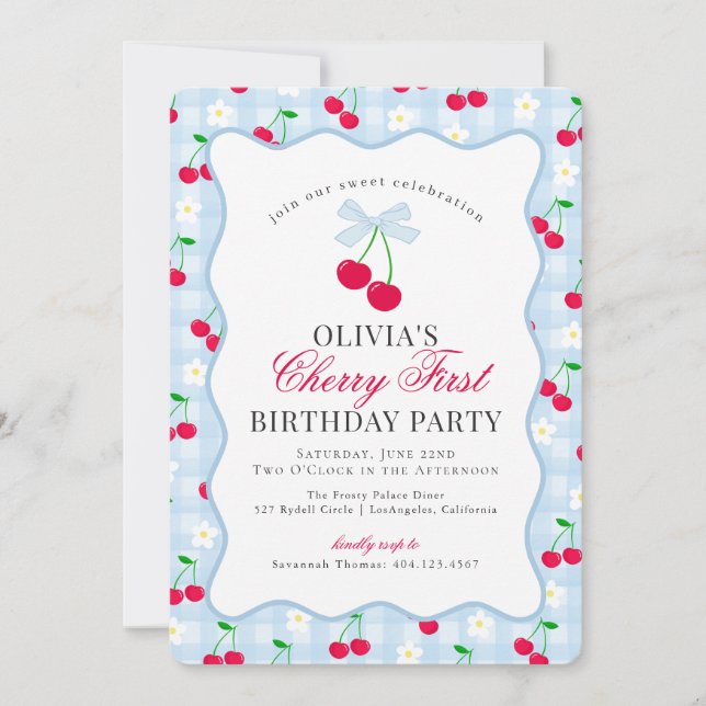 Cherry Sweet Blue Coquette Gingham First Birthday Invitation (Front)