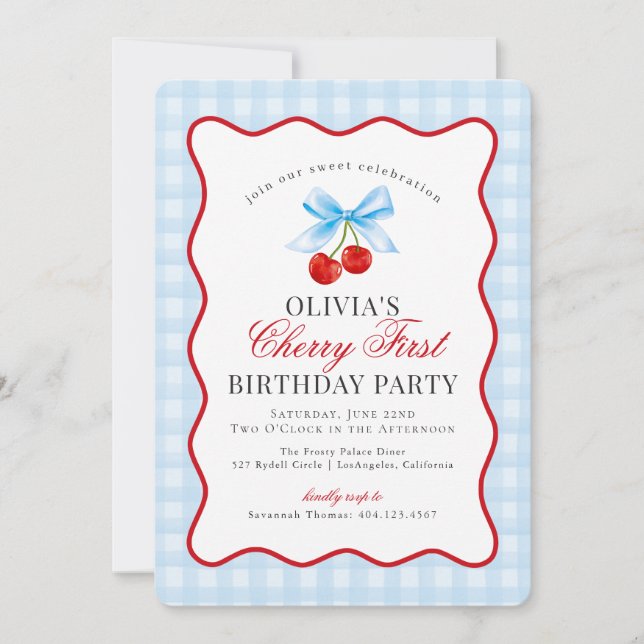 Cherry Sweet Blue Coquette Gingham First Birthday Invitation (Front)