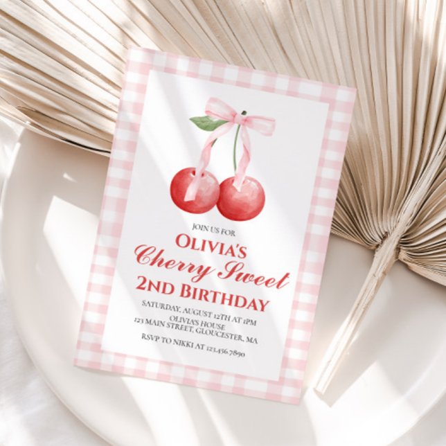 Cherry Sweet Pink Bow preppy birthday Invitation (Creator Uploaded)