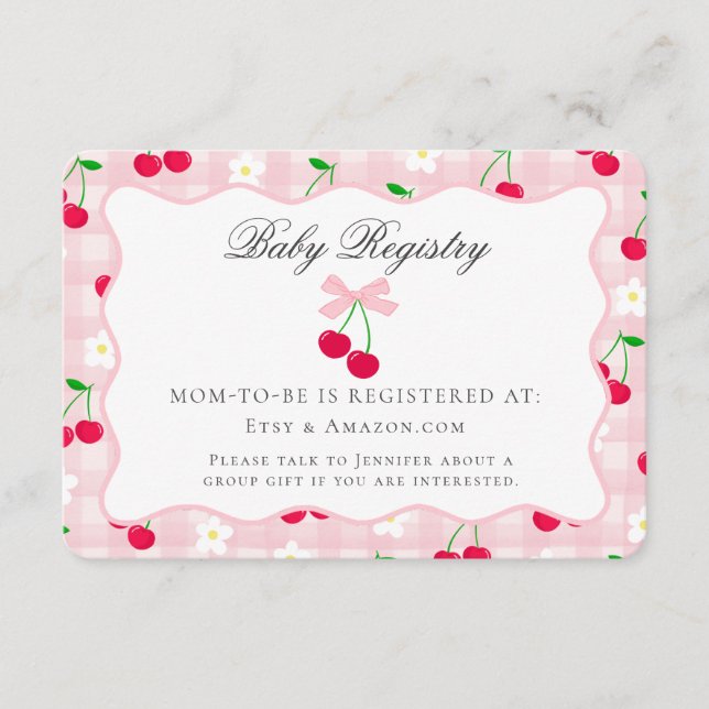 Cherry Sweet Pink Coquette Bow Baby Registry Card (Front)
