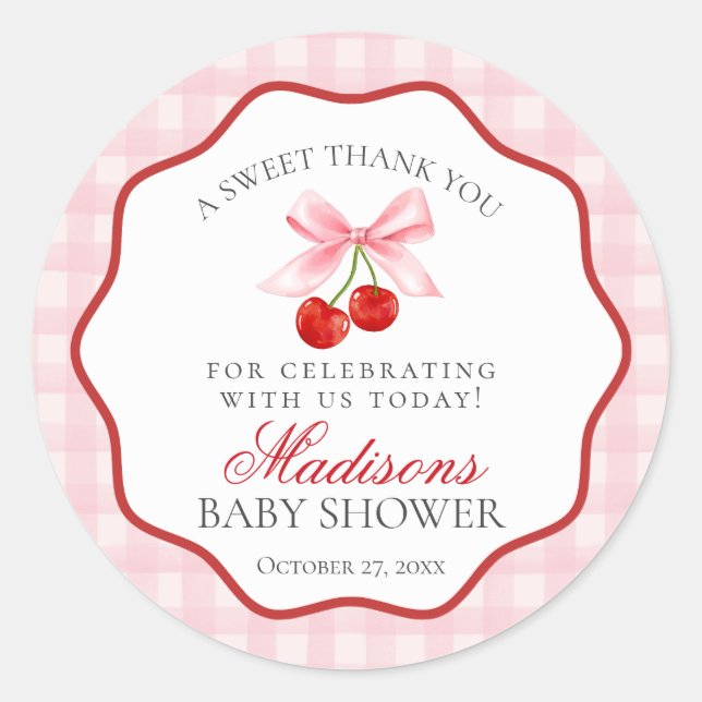 Cherry Sweet Pink Coquette Bow Baby Shower Circle Classic Round Sticker (Front)