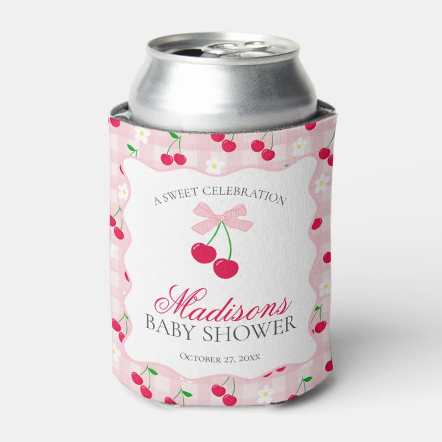 Cherry Sweet Pink Coquette Bow Baby Shower Favour Can Cooler (Can Front)