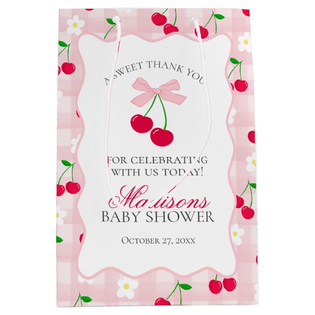 Cherry Sweet Pink Coquette Bow Baby Shower Favours Medium Gift Bag (Front)