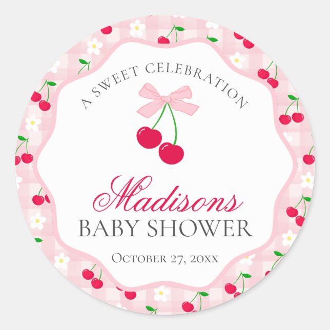 Cherry Sweet Pink Coquette Bow Baby Shower Seal (Front)