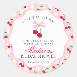 Cherry Sweet Pink Coquette Bow Bridal Shower Classic Round Sticker