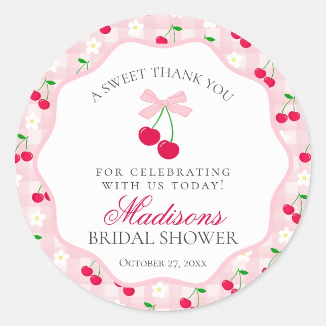 Cherry Sweet Pink Coquette Bow Bridal Shower Classic Round Sticker (Front)