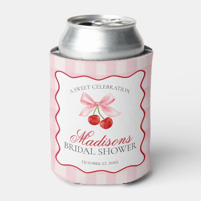 Cherry Sweet Pink Coquette Bow Bridal Shower Favou Can Cooler (Can Front)