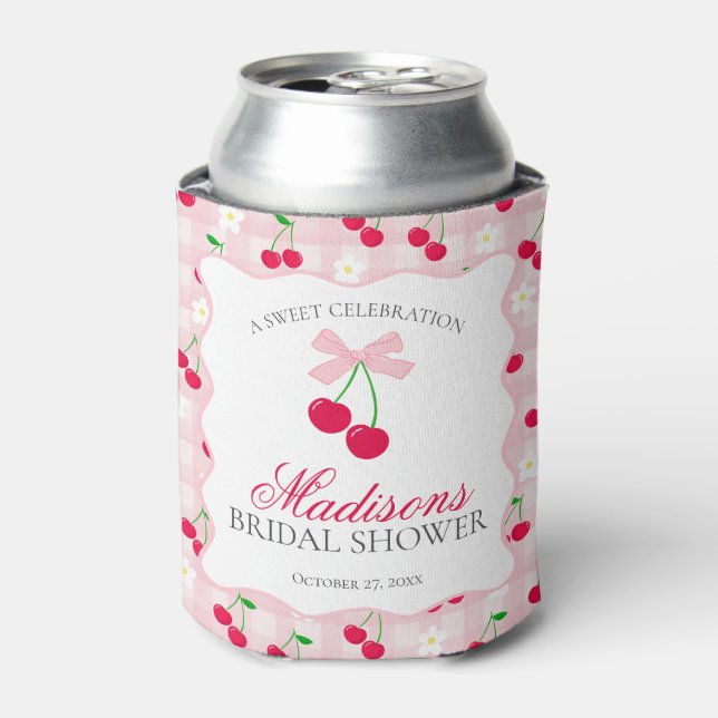 Cherry Sweet Pink Coquette Bow Bridal Shower Favou Can Cooler (Can Front)