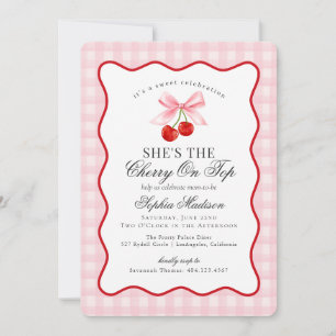 Cherry Sweet Pink Coquette Bow Gingham Baby Shower Invitation