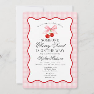Cherry Sweet Pink Coquette Bow Gingham Baby Shower Invitation