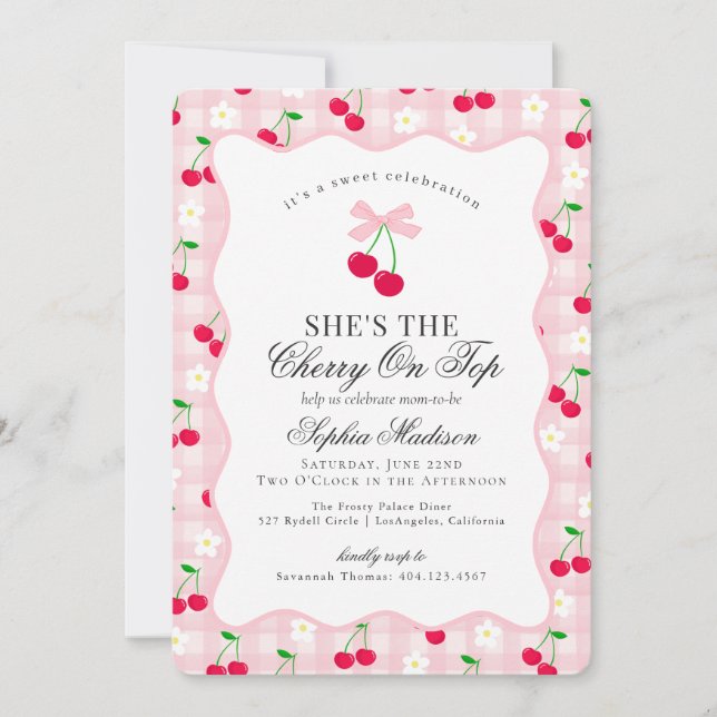 Cherry Sweet Pink Coquette Bow Gingham Baby Shower Invitation (Front)
