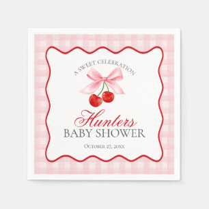Cherry Sweet Pink Coquette Bow Gingham Baby Shower Napkin