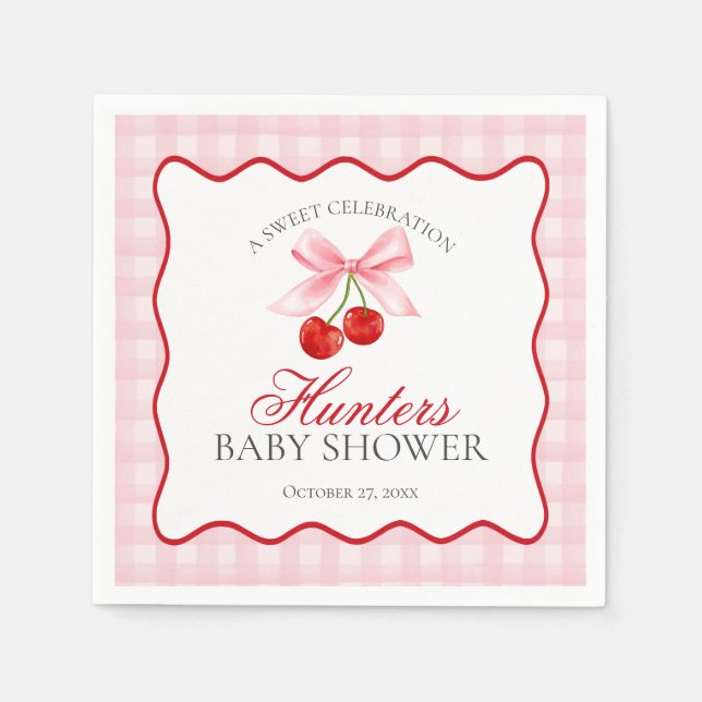 Cherry Sweet Pink Coquette Bow Gingham Baby Shower Napkin (Front)