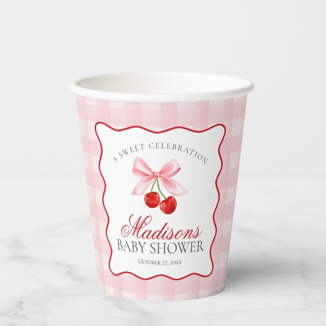 Cherry Sweet Pink Coquette Bow Gingham Baby Shower Paper Cups (Front)