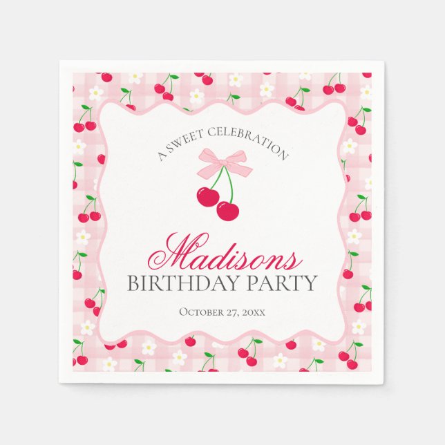Cherry Sweet Pink Coquette Bow Gingham Birthday Napkin (Front)