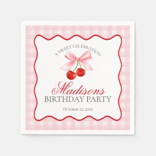 Cherry Sweet Pink Coquette Bow Gingham Birthday Napkin