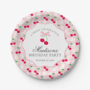 Cherry Sweet Pink Coquette Bow Gingham Birthday Paper Plate
