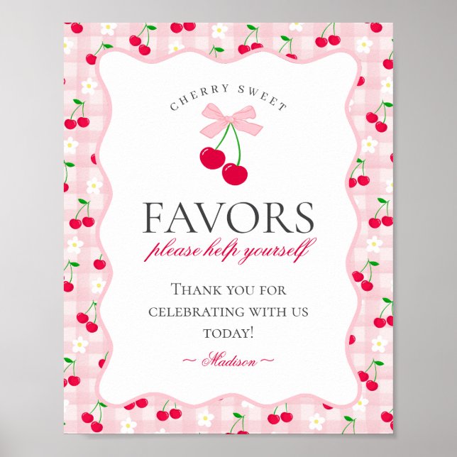 Cherry Sweet Pink Coquette Bow Gingham Favours Sig Poster (Front)