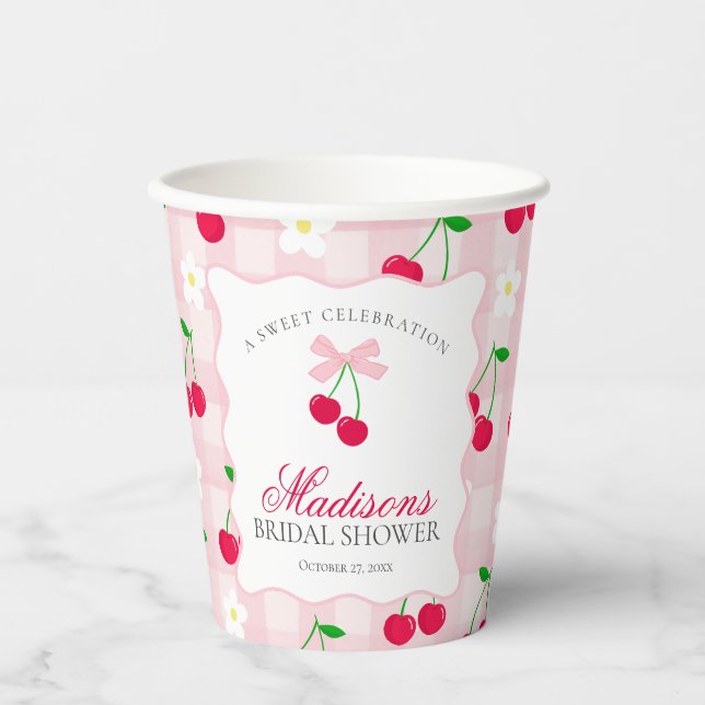Cherry Sweet Pink Coquette Gingham Bridal Shower Paper Cups (Front)