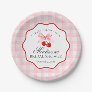 Cherry Sweet Pink Coquette Gingham Bridal Shower Paper Plate