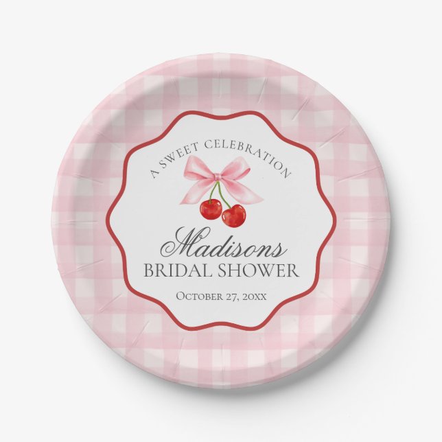 Cherry Sweet Pink Coquette Gingham Bridal Shower Paper Plate (Front)