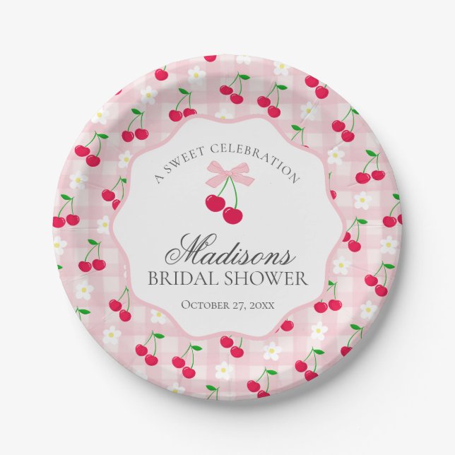 Cherry Sweet Pink Coquette Gingham Bridal Shower Paper Plate (Front)