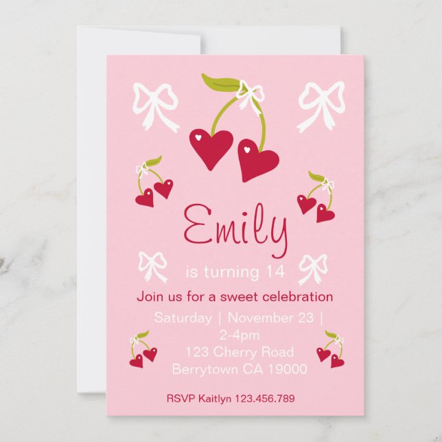 Cherry Sweet Pink Preppy Birthday Party Invitation (Front)