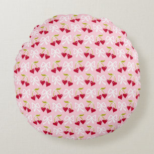 Cherry Sweet Preppy Pink and Red Teen Kids Girl Round Cushion