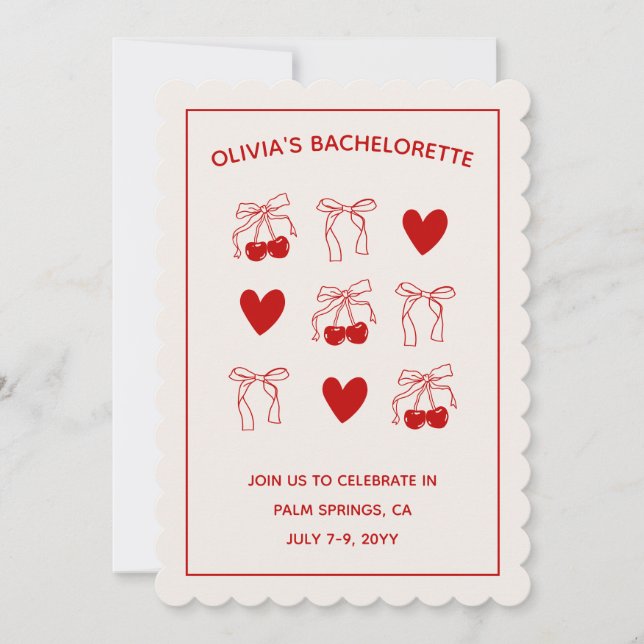 Cherry Sweet Red Bows Bachelorette Invitation (Front)