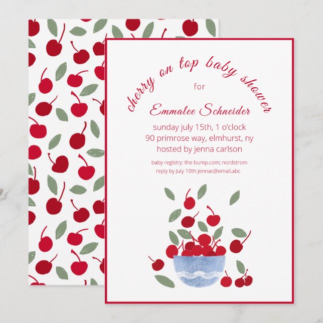 Cherry Theme Watercolor Baby Shower Invitation (Front/Back)