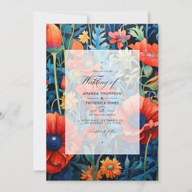 Cherry Tomato and Royal Blue Floral Wedding Invitation (Front)