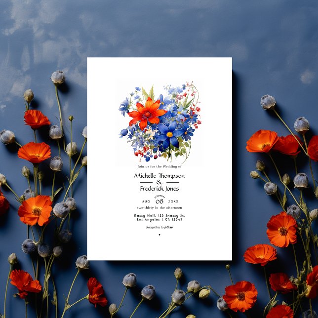 Cherry Tomato and Royal Blue Floral Wedding Invitation (Creator Uploaded)