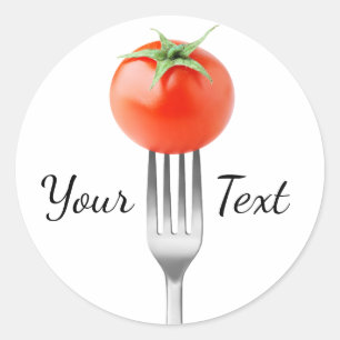 Cherry tomato on a fork classic round sticker