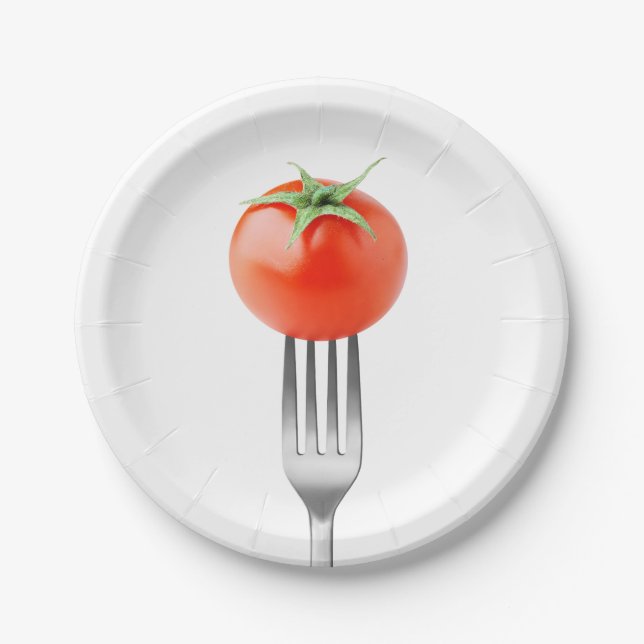 Cherry tomato on a fork paper plate (Front)