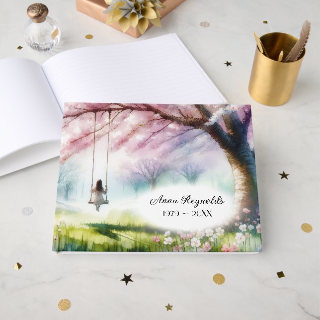 Cherry Tree With Girl On a Swing For Funeral Guest Book (Front Open)