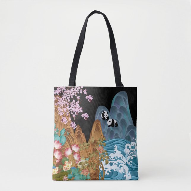Cherry Trees Tsunami Waves With Pandas Tote Bag (Front)