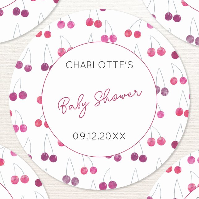 Cherry Watercolor Baby Shower Personalised Classic Round Sticker (Cute watercolor cherry pink and white pattern personalized baby shower name date stickers)