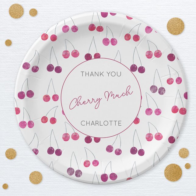 Cherry Watercolor Bridal Shower Personalised Paper Plate (Watercolor cherry pattern personalized custom text thank you cherry much party paper plate)