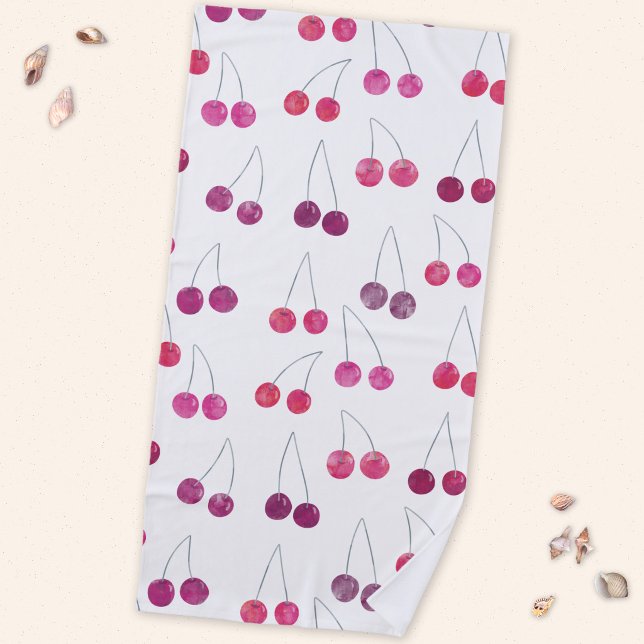 Cherry Watercolor Fruit Beach Towel (Mediterranean cherry watercolor pattern beach towel)