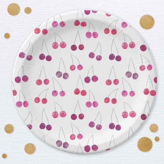 Cherry Watercolor Paper Plate (Pretty watercolor cherry pattern   party paper plates)
