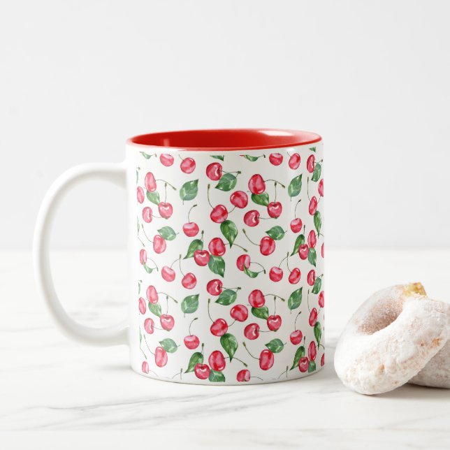 Cherry Watercolor Pattern Two-Tone Coffee Mug (With Donut)