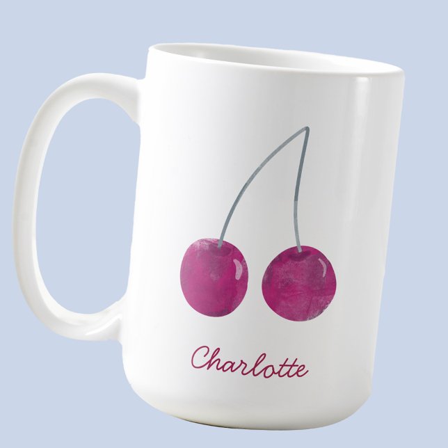 Cherry Watercolor Personalised Coffee Mug (Sweet cherry watercolor personalized script name coffee mug)