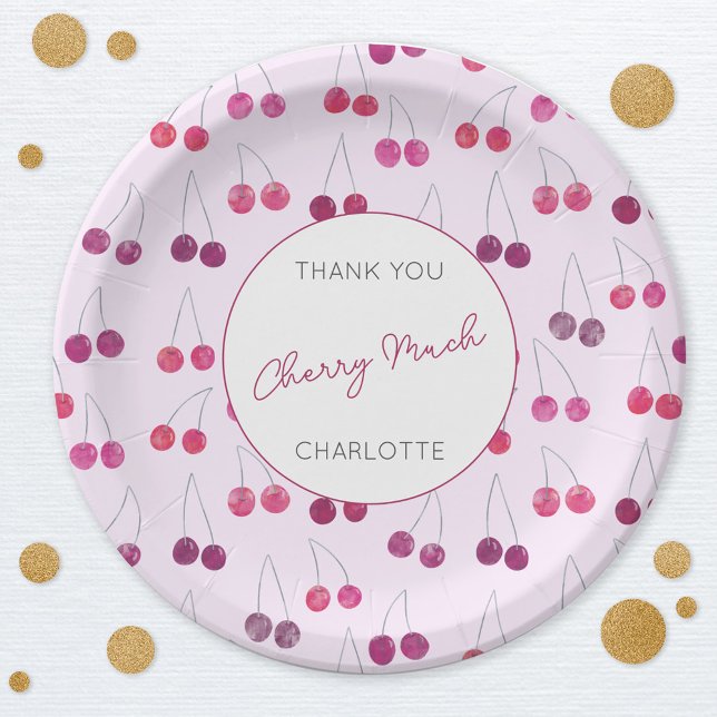 Cherry Watercolor Pink Bridal Shower Personalised Paper Plate (Watercolor cherry pink custom text personalized thank you cherry much party paper plate)