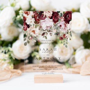 Cherry Wine & Blush Moody Floral Wedding Acrylic Invitations