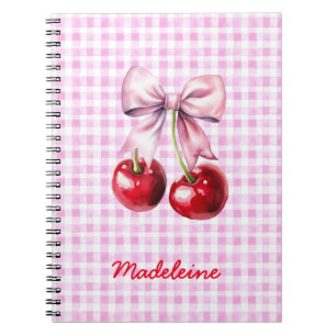 Cherry with Cute Pink Bow on Gingham Custom Name Notebook