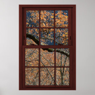 Cherry Wood Faux Window Autumn Leaves View 1 of 2 Poster