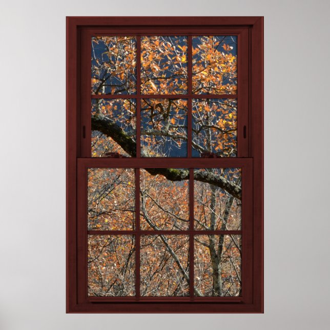 Cherry Wood Faux Window Autumn Leaves View 1 of 2 Poster (Front)