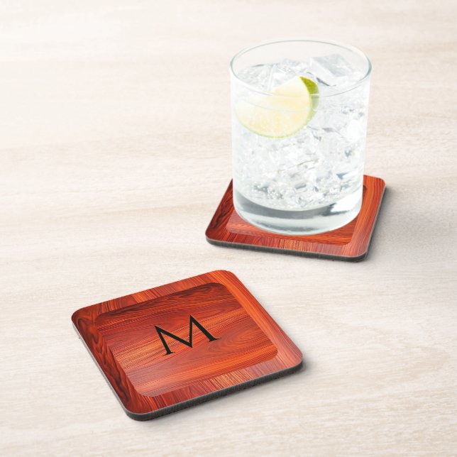 Cherry wood texture custom monogram. coaster (Right Side)