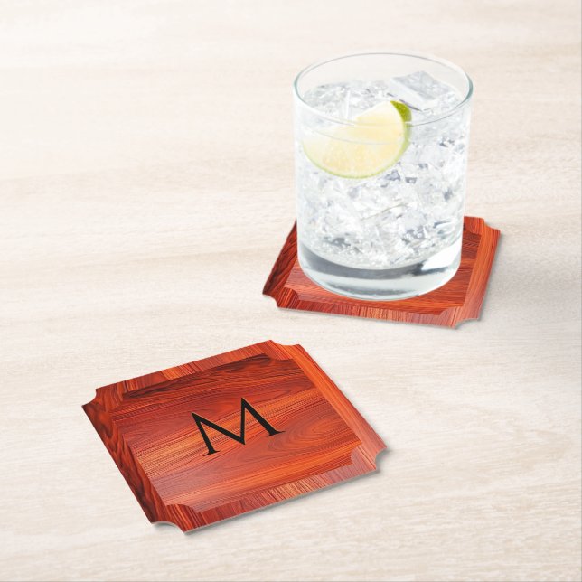 Cherry wood texture custom monogram. paper coaster (Insitu)