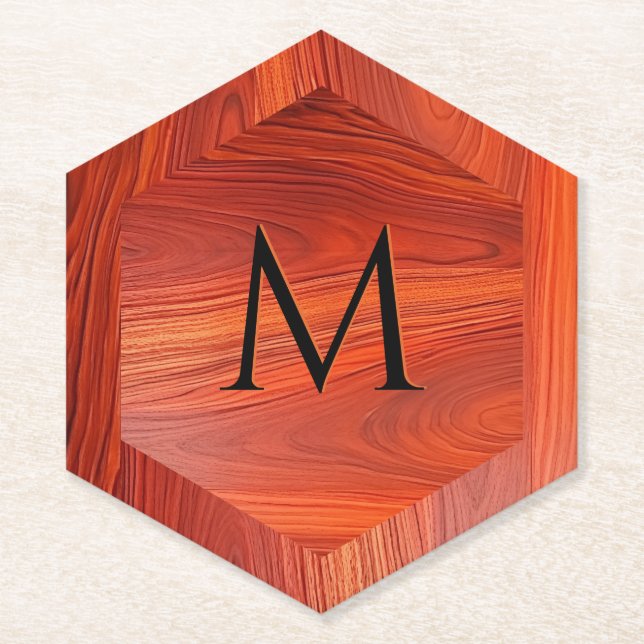 Cherry wood texture custom monogram. paper coaster (Front)